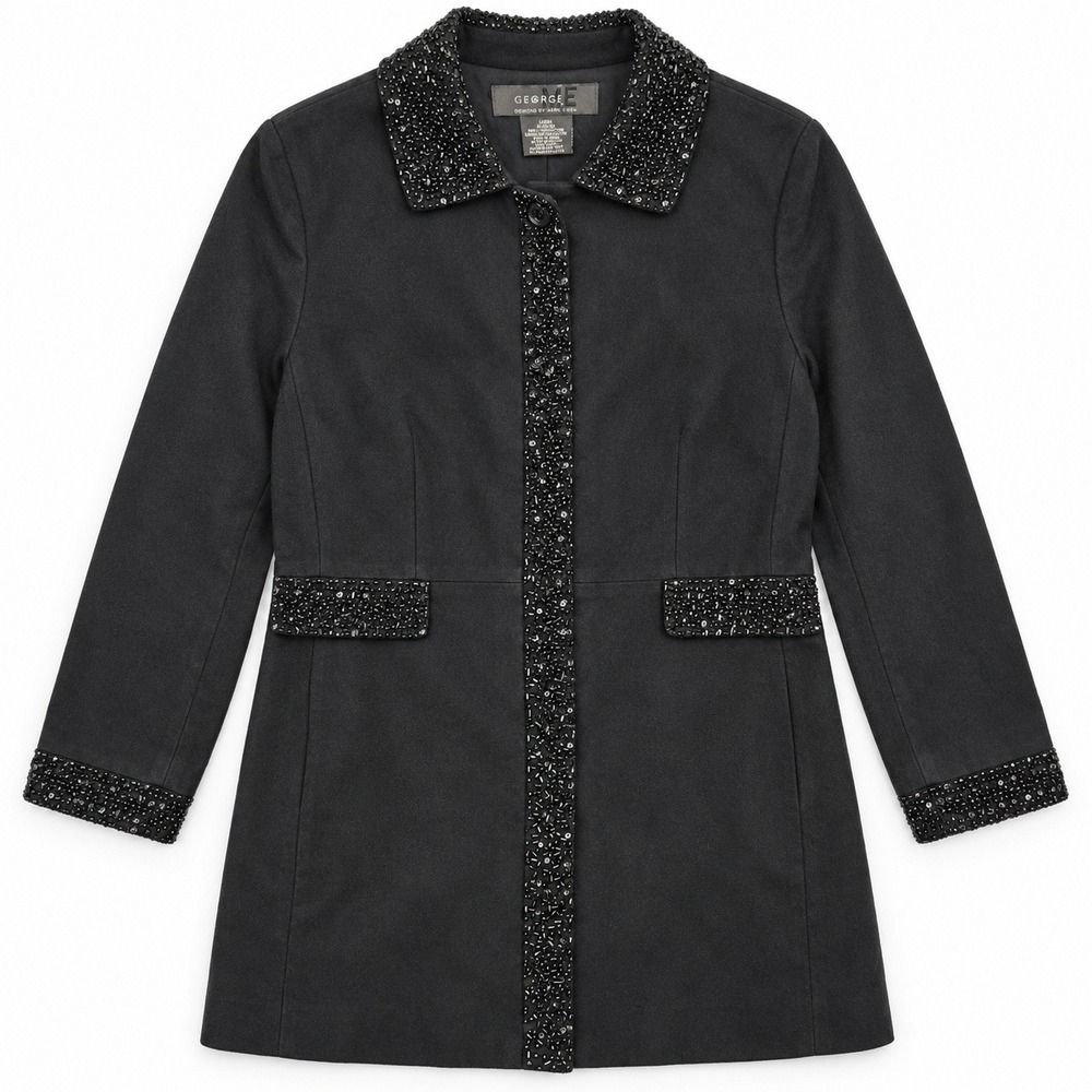 George ME Mark Eisen Black Beaded Cotton Coat XL Plus 16 18 Y2K Evening Jacket